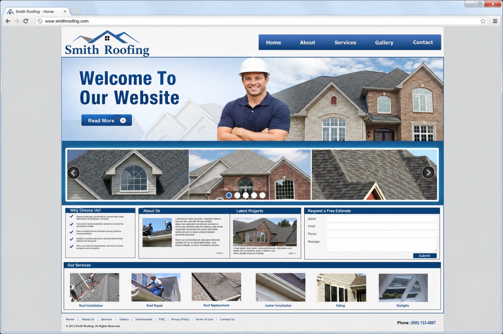Dated generic roofing website homepage with a 'Welcome to our website' headline, a stock-photo crew, and an image slider
